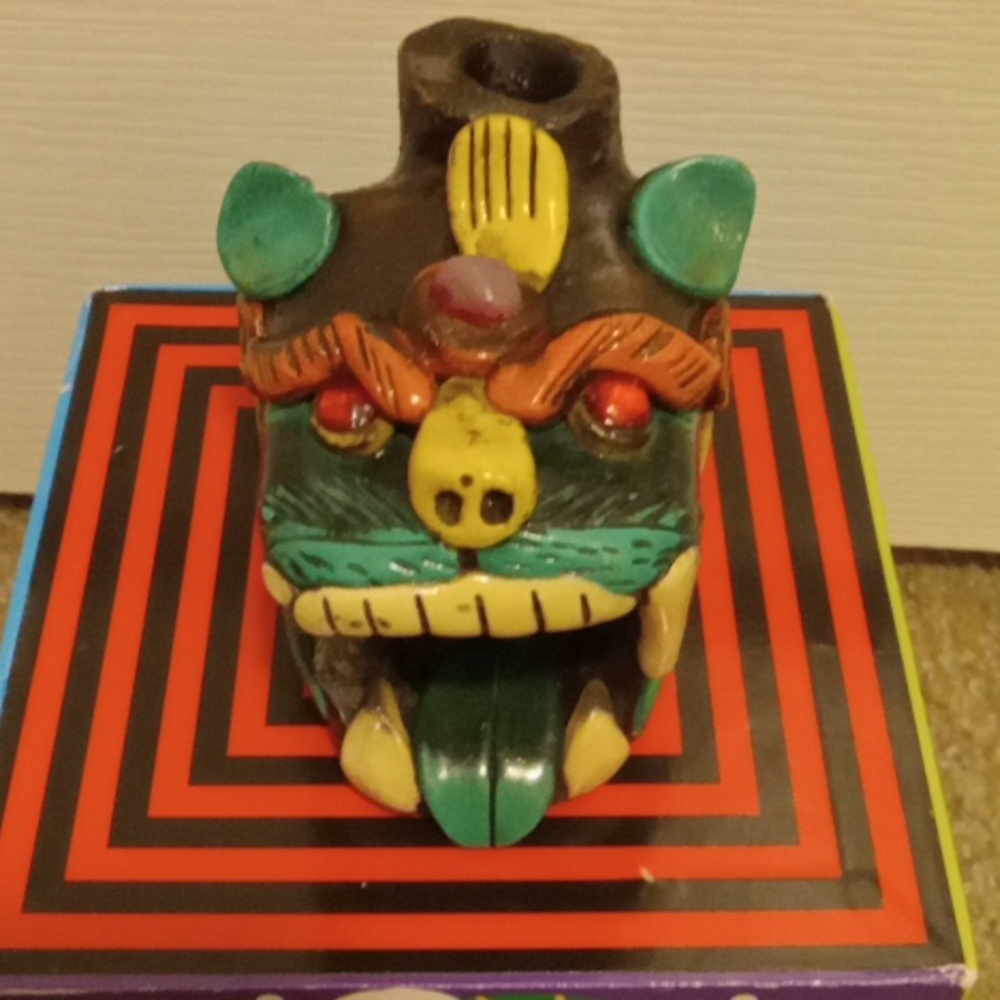 MAYAN AZTEC CLAY DEATH WHISTLE JAGUAR CAT MAN IN MOUTH HANDMADE FOLK ART MEXICO